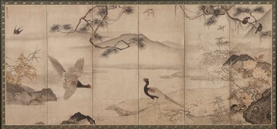 Aves e Flores das Quatro Estações: Primavera e Verão, período Muromachi, final do século XV e início do século XVI (tinta e cor sobre papel) de Toyo Sesshu